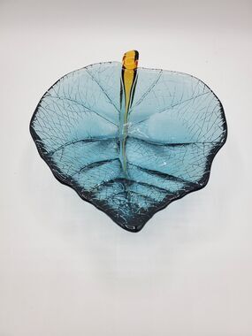 Dynasty Gallery Small Leaf bowl 6 1/4" long 2 1/4" tall - Blue with Orange Stem